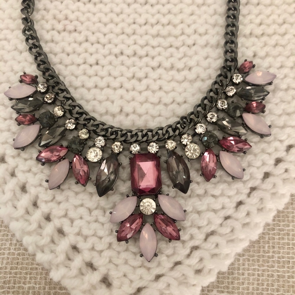 Pink, Black, Silver Rhinestone Black Chain Necklace